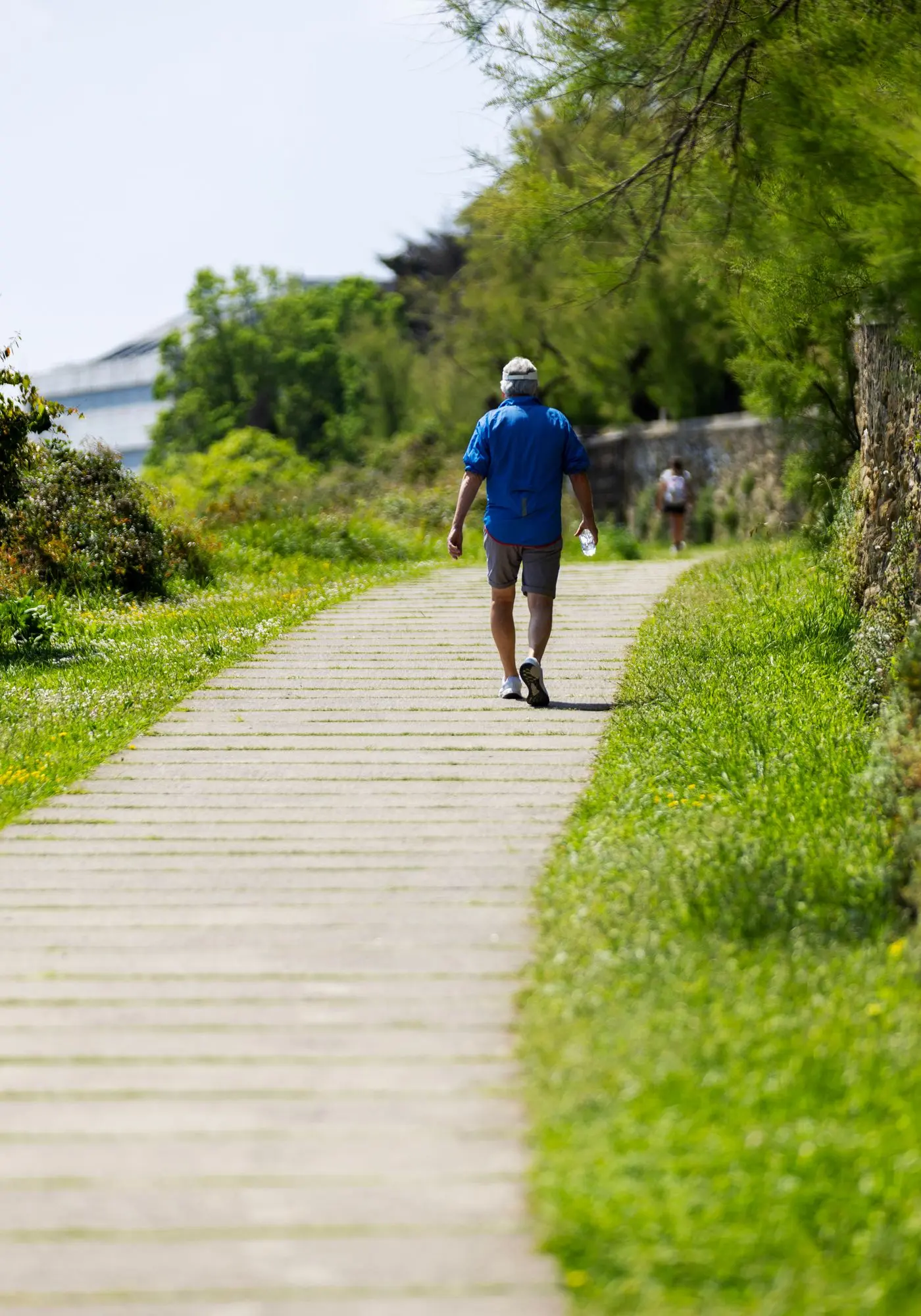 An older adult walking a flat path