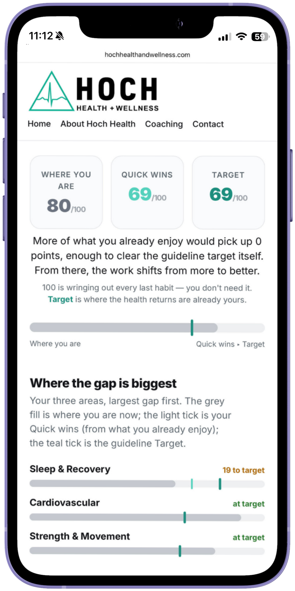 Sample Wellness Gap result — your score, quick wins, and target across three areas
